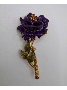 Vintage Purple Enamel Rose Brooch Gold Tone Rhinestones Floral Pin
